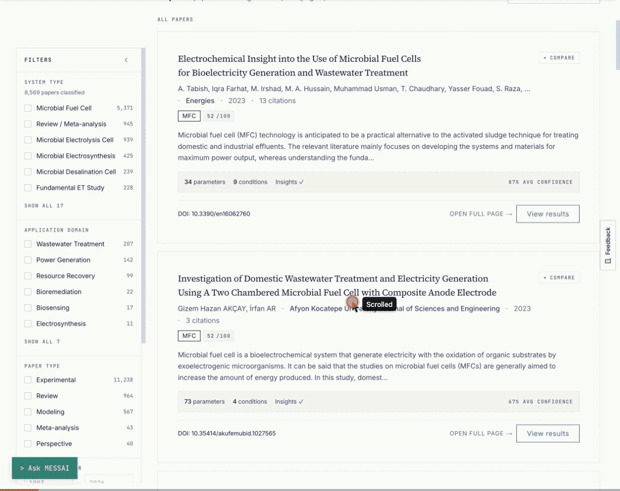 The Research page opens with a search box, Keyword, Hybrid and Semantic modes, and a Filters sidebar beside the paper list.